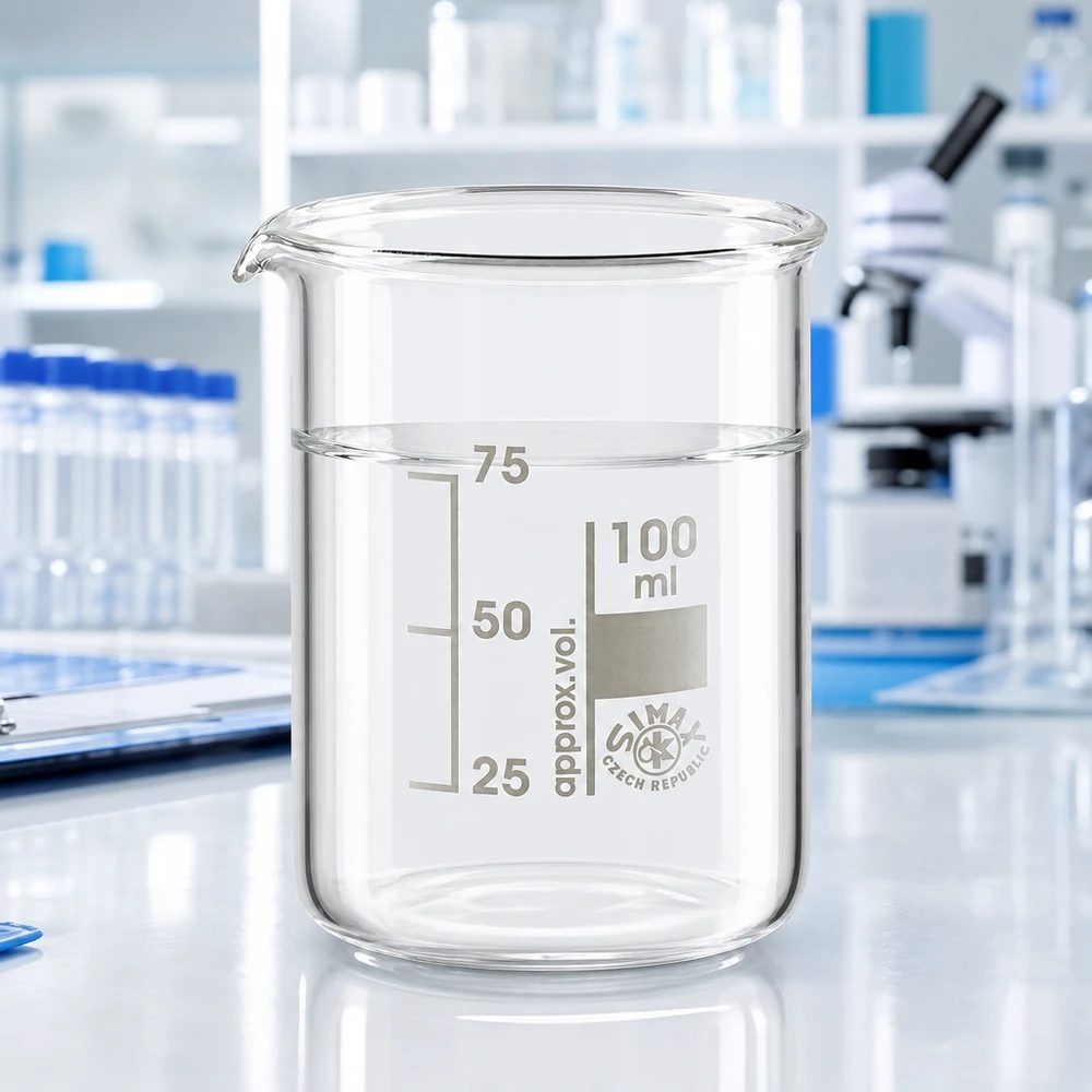 Bægerglas 100 ml borosilikatglas, lav form Gennemsigtigt bægerglas 100 ml af robust borosilikatglas med præcis volumeninddeling
