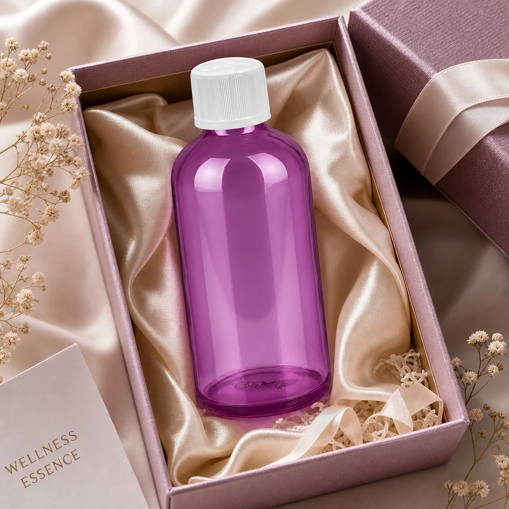 100 ml dråbeflaske 1,2 mm hvid standard børnesikret PurpleLine. UT18/100 Lilla glasflaske 100 ml i luksuriøs gaveindpakning med satinfor og bånd