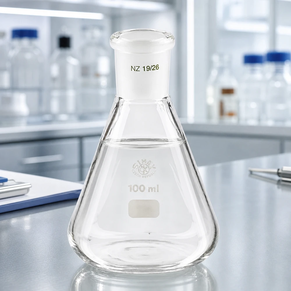 Erlenmeyer-kolbe 100 ml med standard slebet led (19/26) Erlenmeyer-kolbe 100 ml med standard slebet led (19/26)