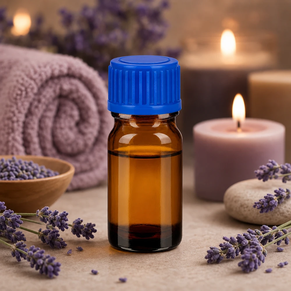 5 ml brun glasflaske BrownLine til aromaterapi og wellness med blå hætte