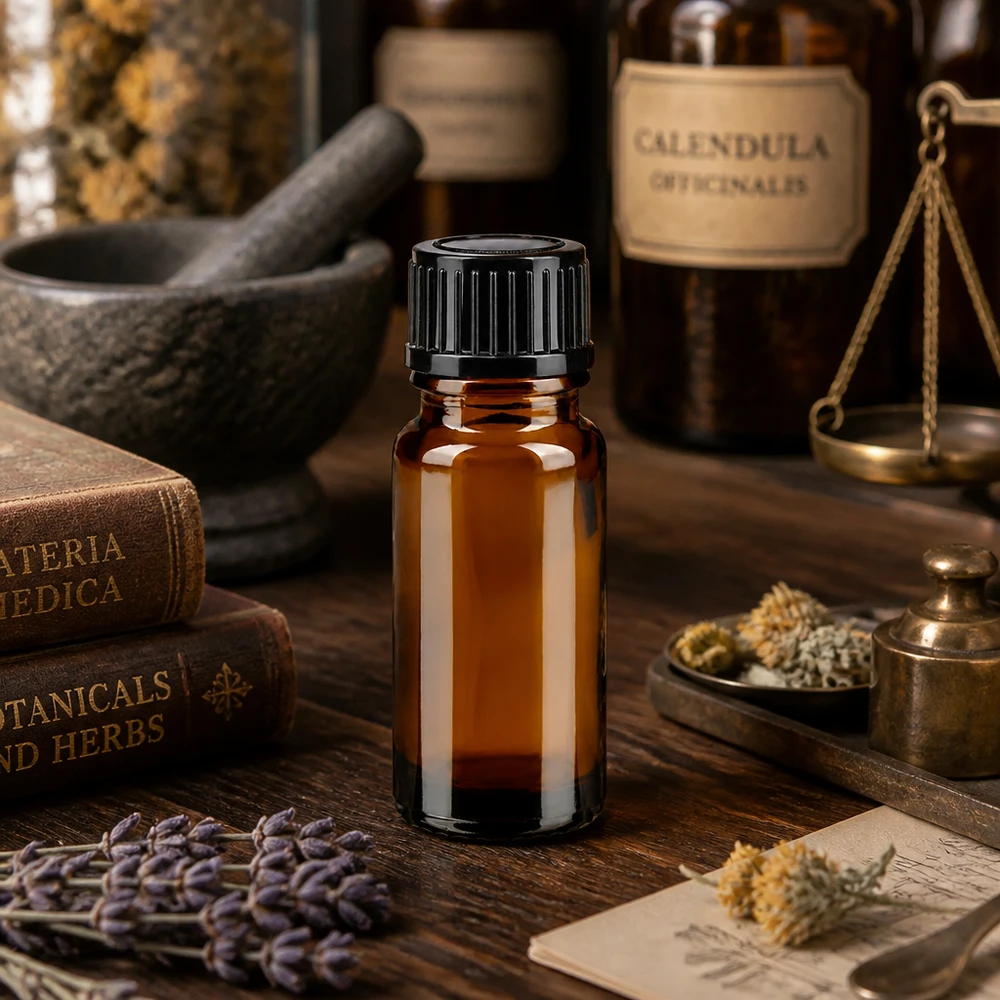 Apoteksflaske brun 10ml skruelåg sort pc Brun 10 ml apotekerflaske SV STD med 11 mm skruelåg ved siden af en flaske med Calendula Officinalis
