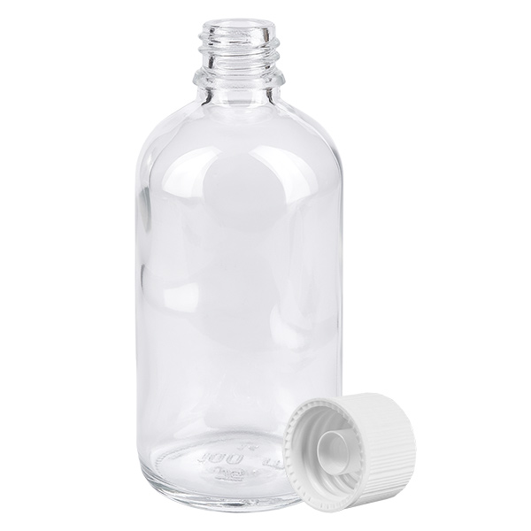 100 ml flaske 11 mm SV hvid STD ClearLine UT18/100 Åben 100 ml apotekerflaske af klart glas med hvid sikkerhedslåg, 11 mm