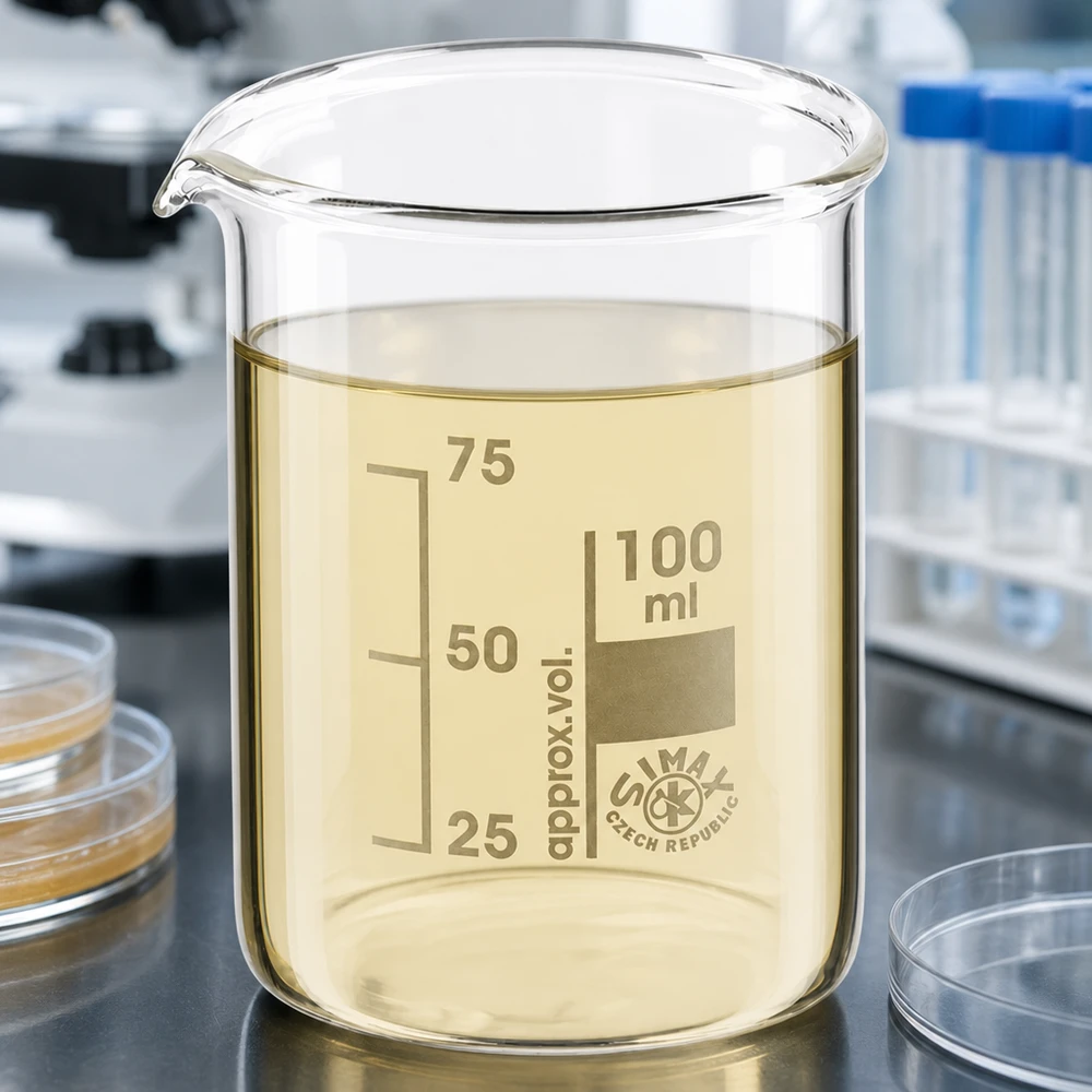 Bægerglas 100 ml borosilikatglas, lav form Gennemsigtigt bægerglas 100 ml af borosilikatglas med gul væske og præcis inddeling