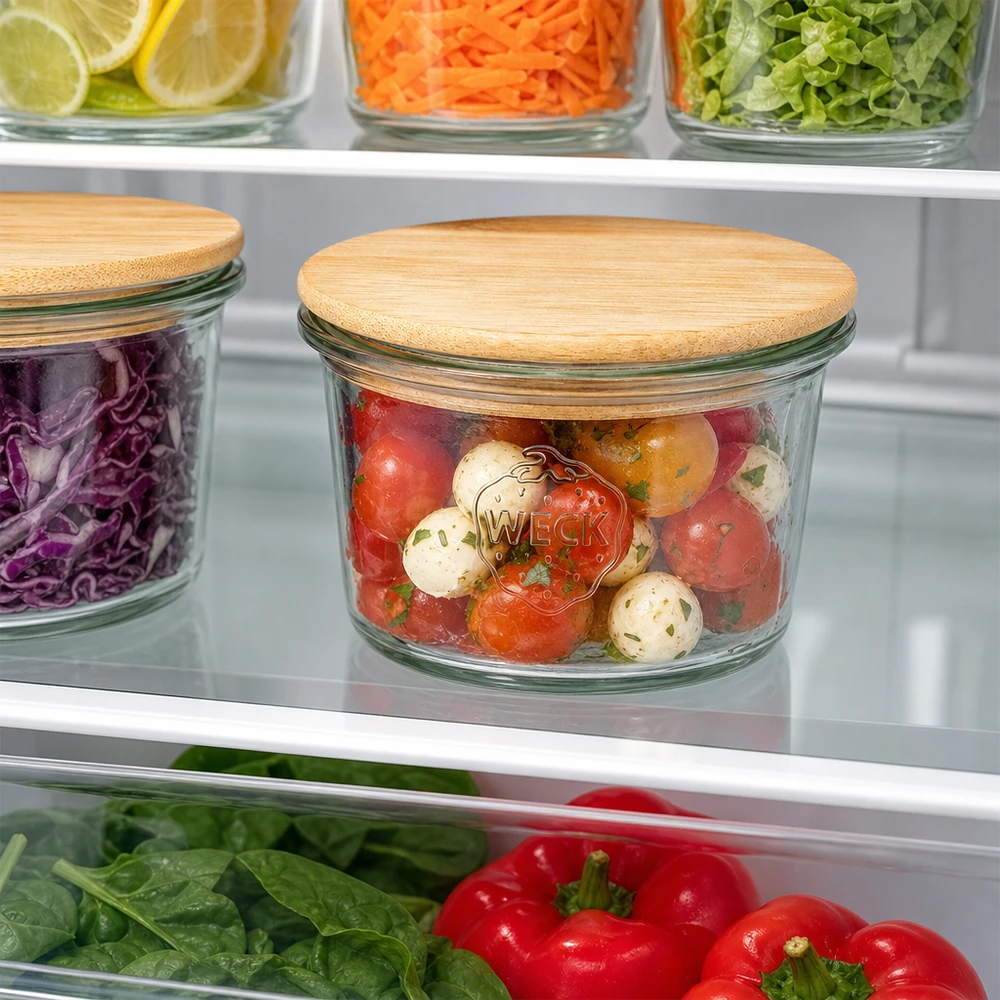 35 ml mini Briller WECK RR40 med trælåg WECK Mini Sturzglas 35ml mit Bambus Holzdeckel zur Aufbewahrung von Tomaten und Mozzarella im Kühlschrank organisiert