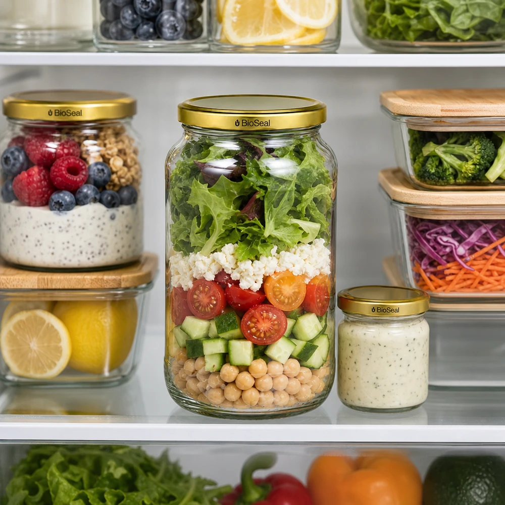 UNiTWIST Runda1062 med guld. Dæksel TO82 BioSeal UNiTWIST Runda1062 Meal Prep Fridge Salad Layered Salad TO82 BioSeal Gold Lid Storage Jar Keeping Fresh
