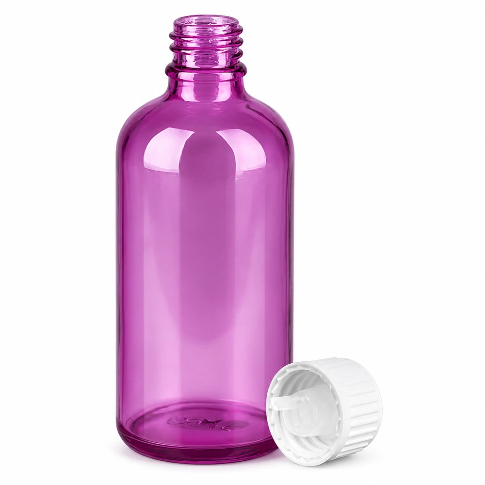 100 ml dråbeflaske 0,9 mm hvid standard PurpleLine UT18/100 100 ml PurpleLine dråbeflaske i transparent violet med præcis 0,9 mm dråbetud til nøjagtig dosering