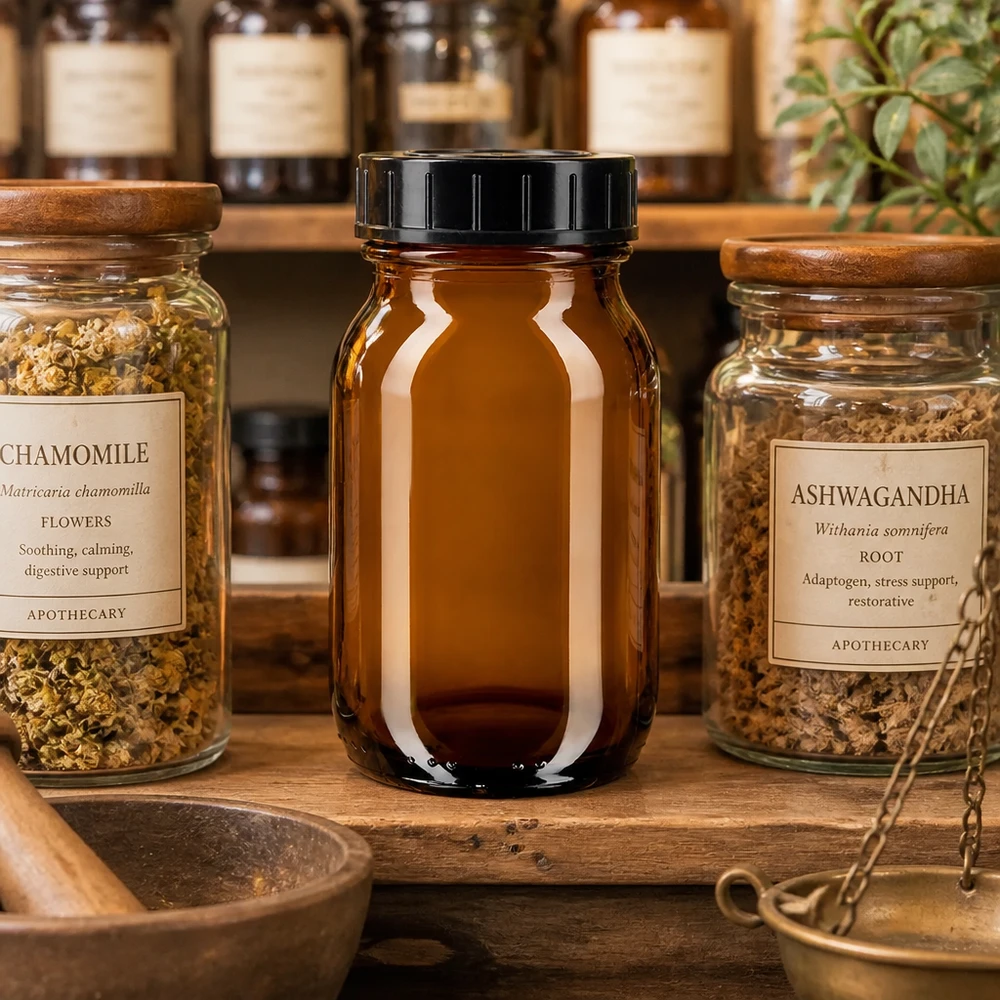 100 ml flaske med bred hals i ravfarvet glas med skruelåg 100 ml krukke med skruelåg lavet af ravfarvet glas af høj kvalitet, ideel til urter og krydderier