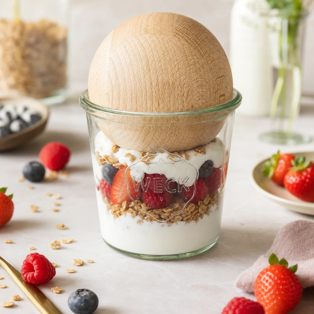 580 ml Briller WECK RR100 med trækugle bøg WECK RR100 580 ml murerbalje med bøgetræskugle som kornskål med yoghurt, bær og granola på køkkenbordet