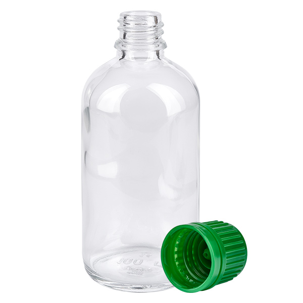 100 ml flaske 11 mm SV grøn OV ClearLine UT18/100 Tom 100 ml ClearLine-flaske af klart glas uden den originale grønne 11 mm skruelåg