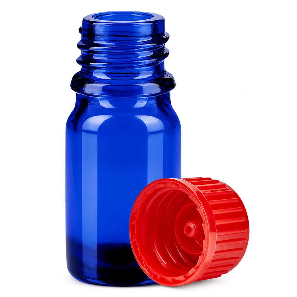 5ml flaske 11mm SV rød STD BlueLine UT18/5 Lille 5 ml laboratorieflaske af blåt glas med 11 mm rød standardhætte til præcis dosering