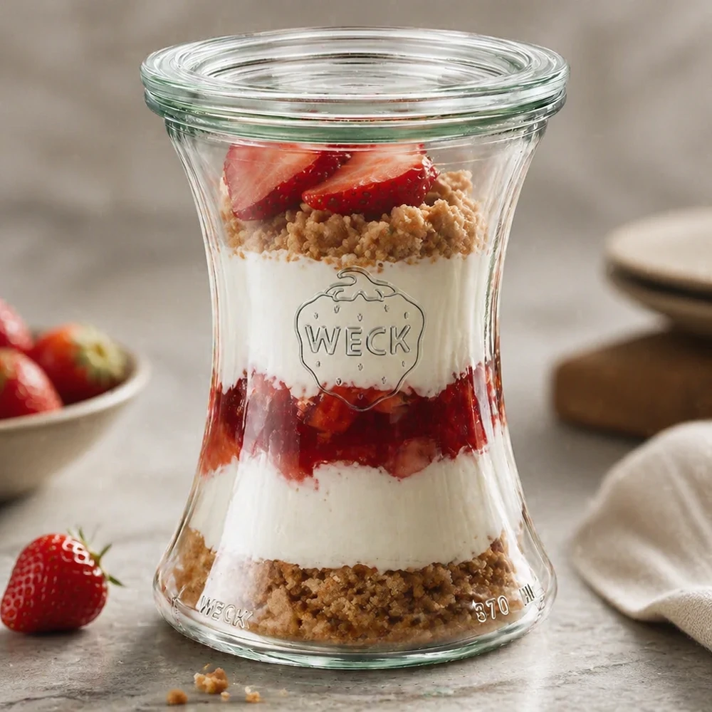 WECK delikatesseglas 370 ml RR80 som dessertglas med jordbær og krymmel viser et elegant lagdelt look