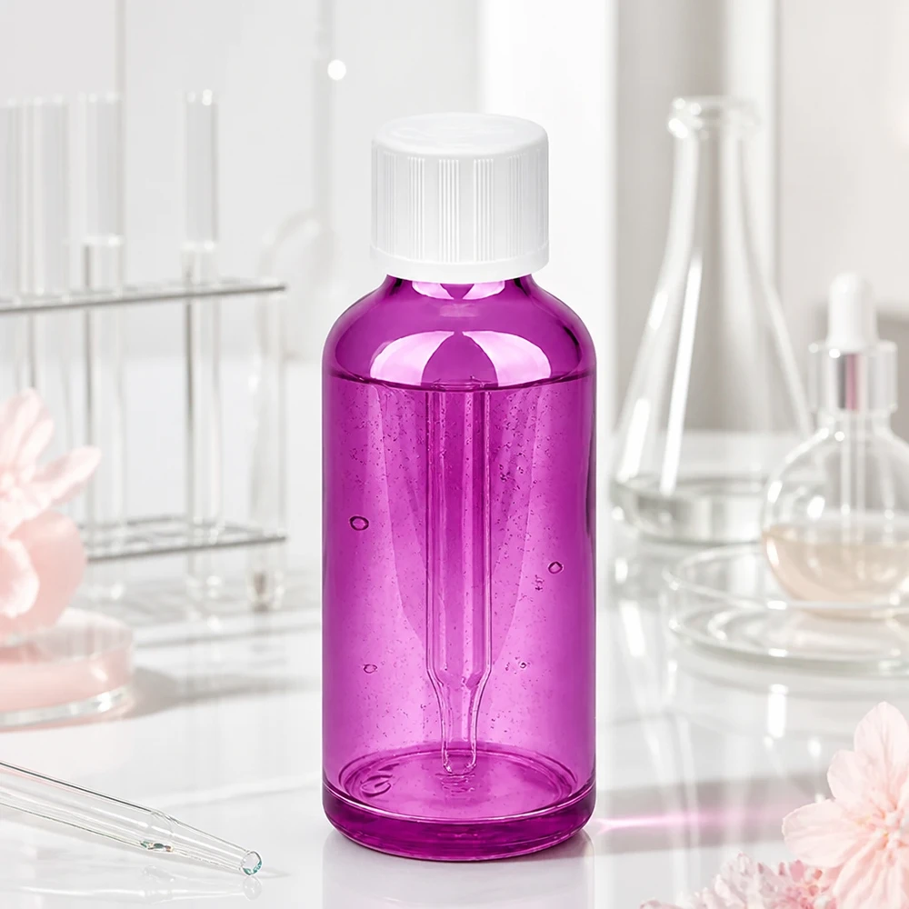 50 ml dråbeflaske 1,2 mm hvid Standard børnesikret PurpleLine.UT18/50 50 ml plastdråbeflaske i transparent violet med hvid hætte til præcis dosering
