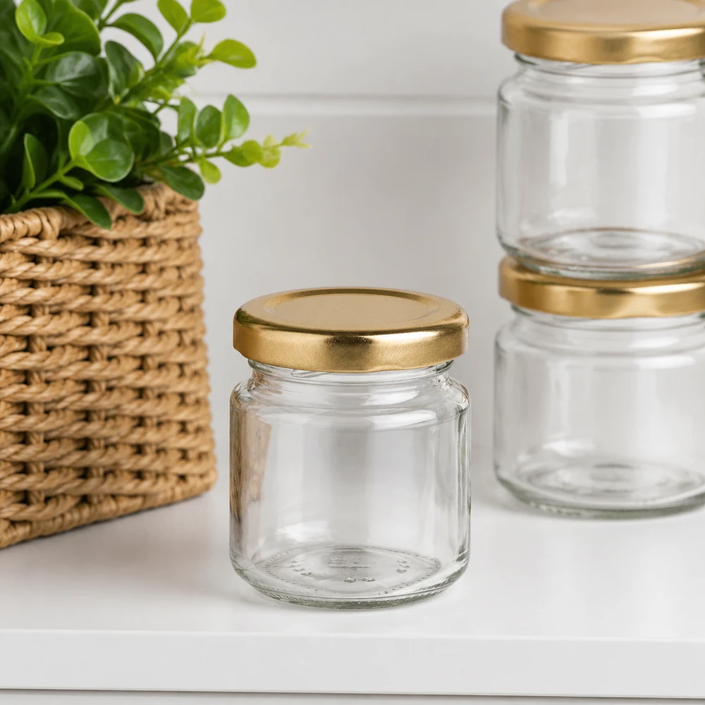 53 ml rund krukke med BasicSeal-låg guld UNiTWIST 53 ml rund krukke UNiTWIST tom med gyldent BasicSeal-låg i moderne boligmiljø med plante