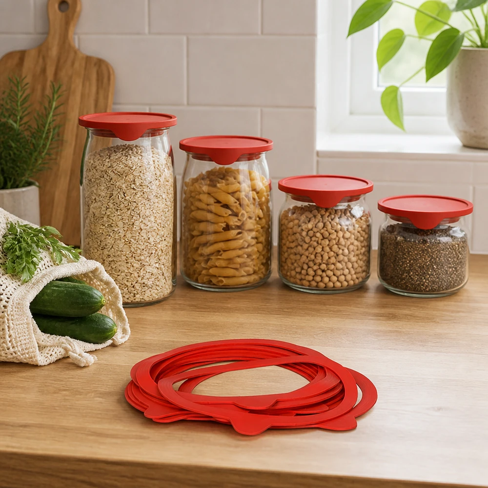 Tætningsring af naturgummi RR120 Stabel af røde RR120 naturgummikonserveringsringe på en trædisk ved siden af opbevaringsglas med korn og pasta