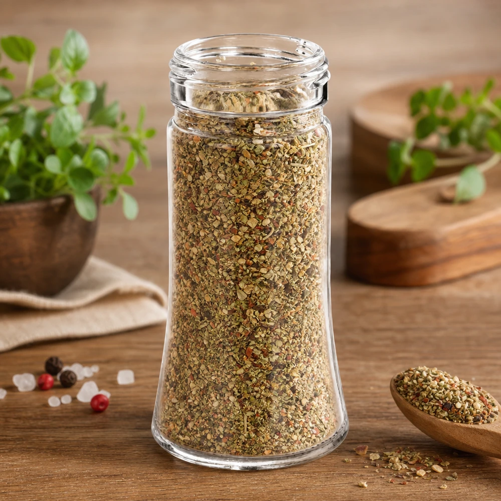 Salt/krydderikrukke Bobby 95 ml, gevind 41 mm klart glas - matchende låg med 41 mm gevind kan bestilles separat. Krydderiglas Bobby 95 ml fyldt med en blanding af oregano og andre urter ved siden af friske urteplanter