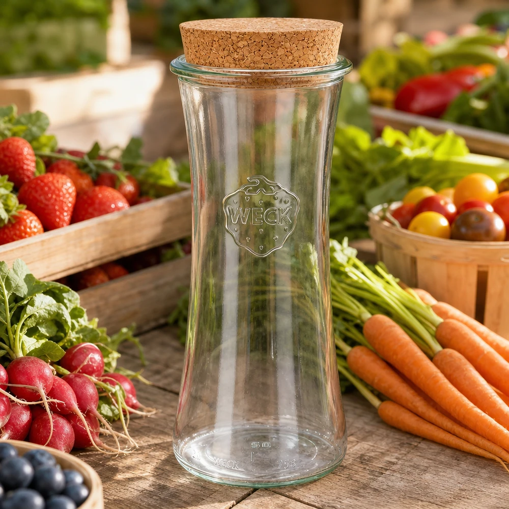 700 ml delikatesseglas WECK RR80 med kork natur WECK RR80 opbevaringskrukke 700 ml tom med korklåg mellem friske grøntsager gulerødder radiser tomater på markedsbod