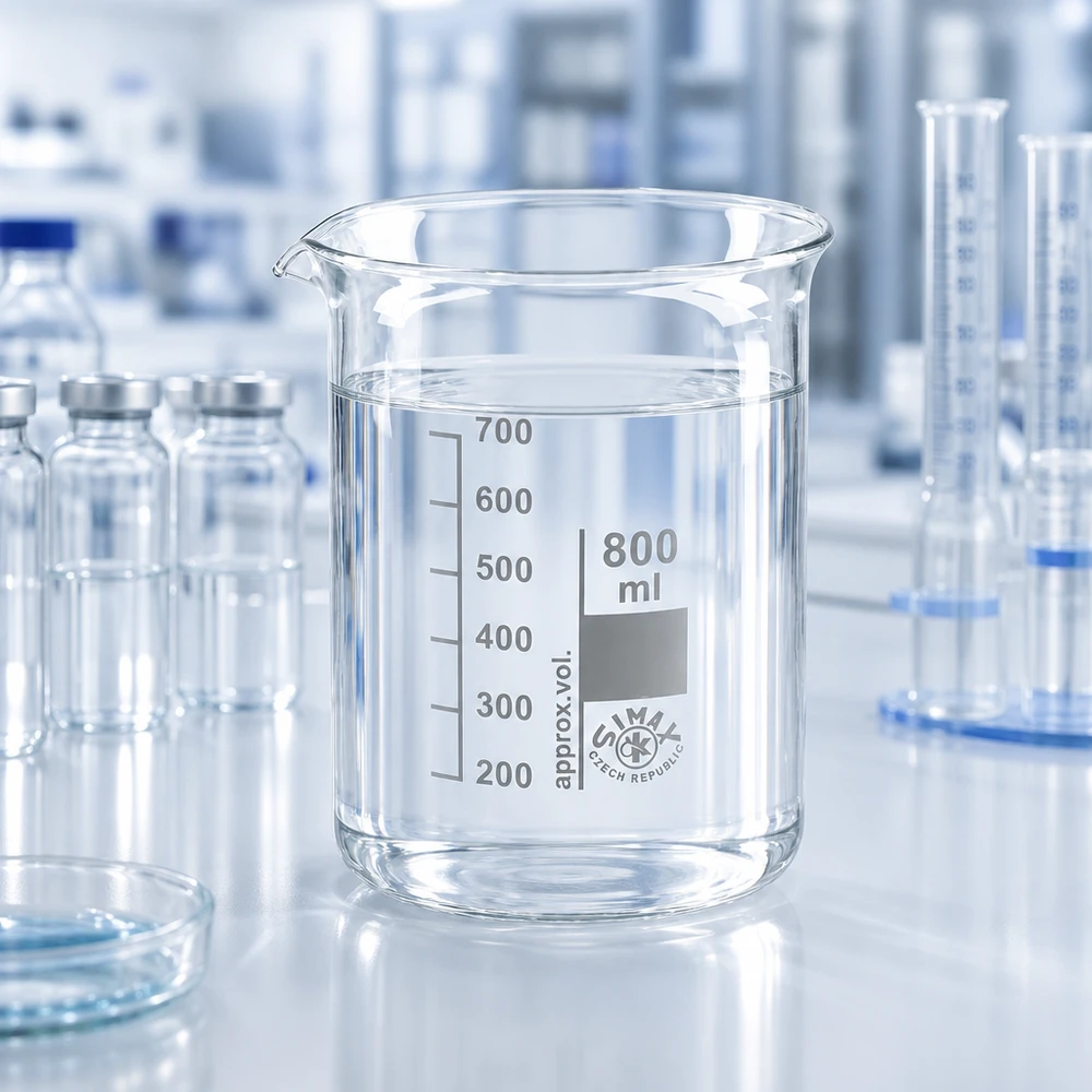 Bægerglas 800 ml borosilikatglas, lav form Professionelt laboratoriebæger 800 ml med lav profil lavet af kemikalieresistent borosilikatglas