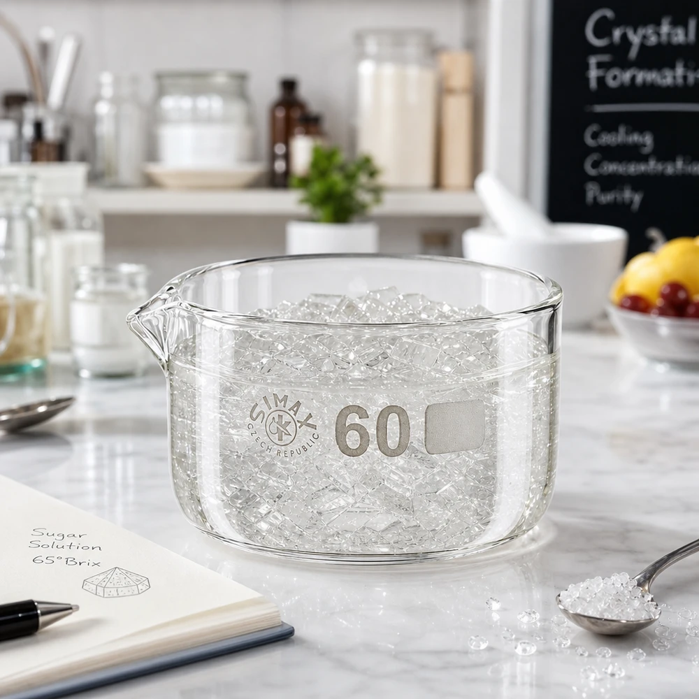 Krystalliseringsskål 60 ml med borosilikat-tud Krystalliseringsskål 60 ml, til isbiter, køling, borosilikatglas, flad, cylindrisk, med udløb, laboratorieskål