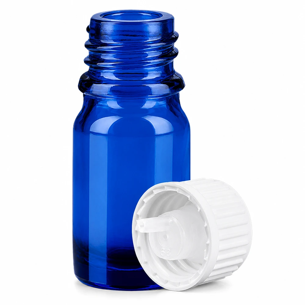 5 ml Dropperflaske 0,9 mm hvid STD BlueLine UT18/5 Blå glasflaske 5 ml med dryplåg STD BlueLine til æteriske olier og væsker