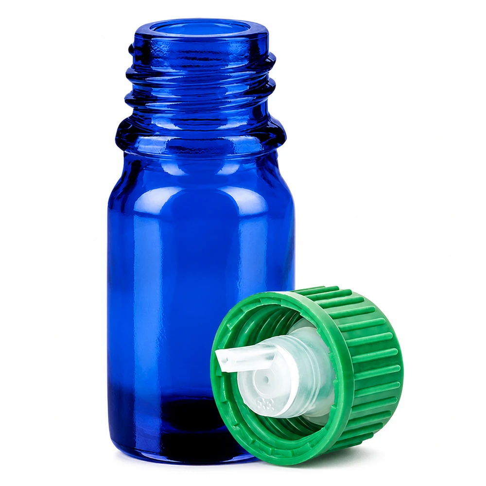 5 ml Dropperflaske 0,8 mm grøn STD BlueLine UT18/5 5 ml dråbeflaske af blåt glas med 0,8 mm dråbeindsats til medicin og æteriske olier