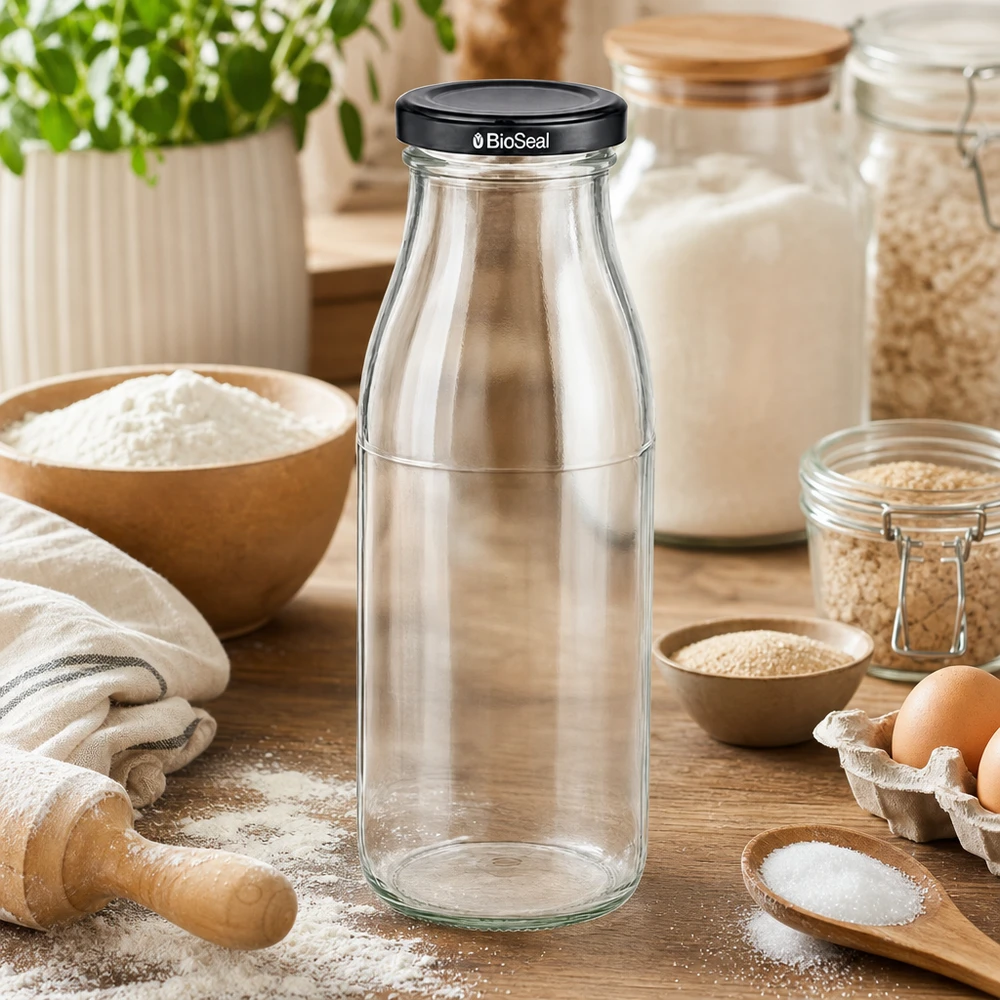 500 ml glasflaske + BioSeal-låg sort UNiTWIST. Absolut lækagesikker med stort TO48-låg. Til mælk, juice og limonade. 500ml Glasflasche mit BioSeal Deckel in rustikaler Küche zwischen Backzutaten Mehl und Eiern für Kochbegeisterte
