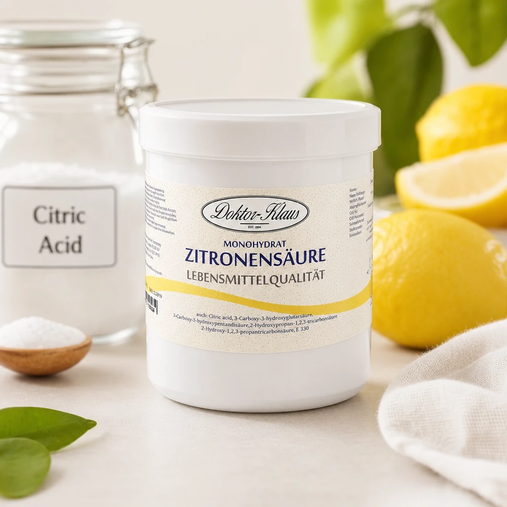 500 g citronsyre Doktor-Klaus Citronsyremonohydrat 500g Doktor-Klaus fødevarekvalitet med naturlige citroner i baggrunden