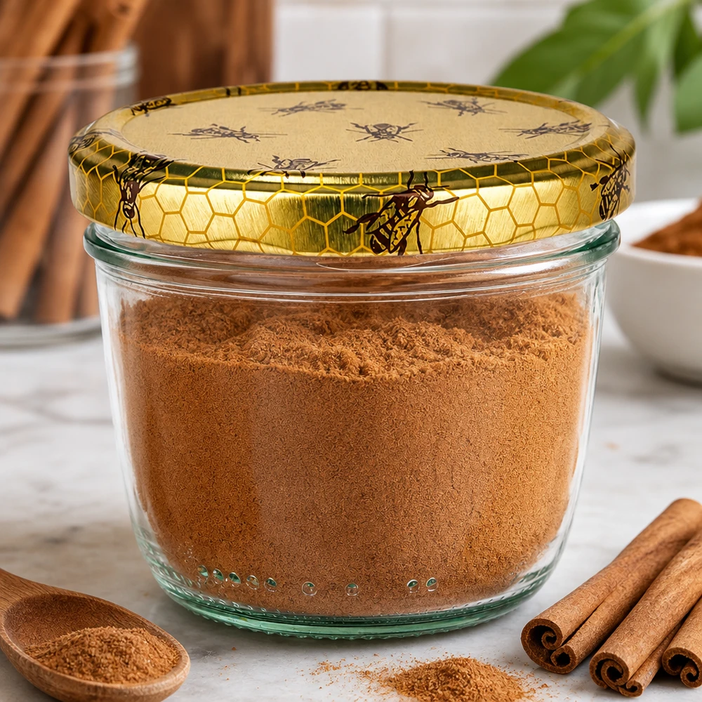 230 ml Briller + BasicSeal låg honeycomb UNiTWIST 230 ml glaskrukke med honeycomb-låg fyldt med kanelpulver ved siden af kanelstænger som krydderiopbevaring