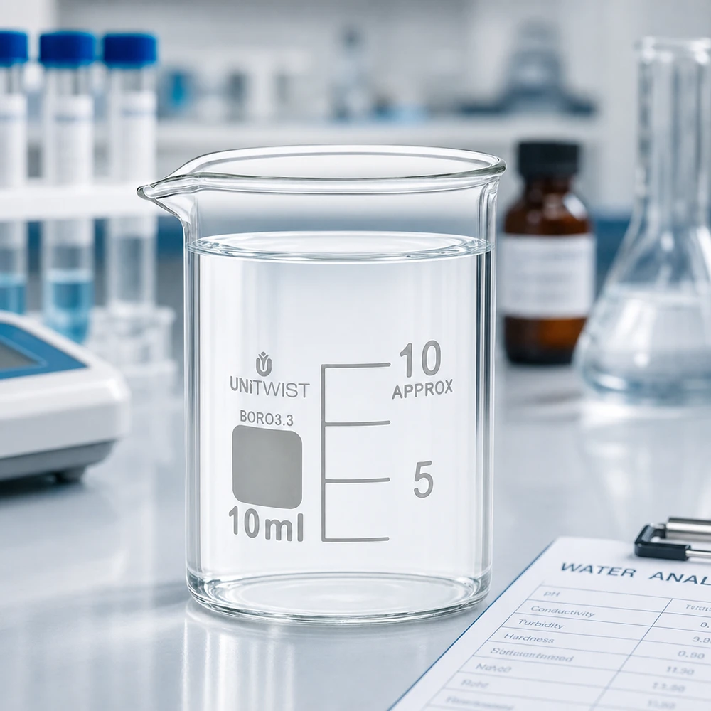 Bæger 10 ml borosilikat, lav form UNiTWIST UNiTWIST 10 ml bægerglas, lav form, fremstillet af varmebestandigt borosilikatglas 3.3 til laboratoriebrug