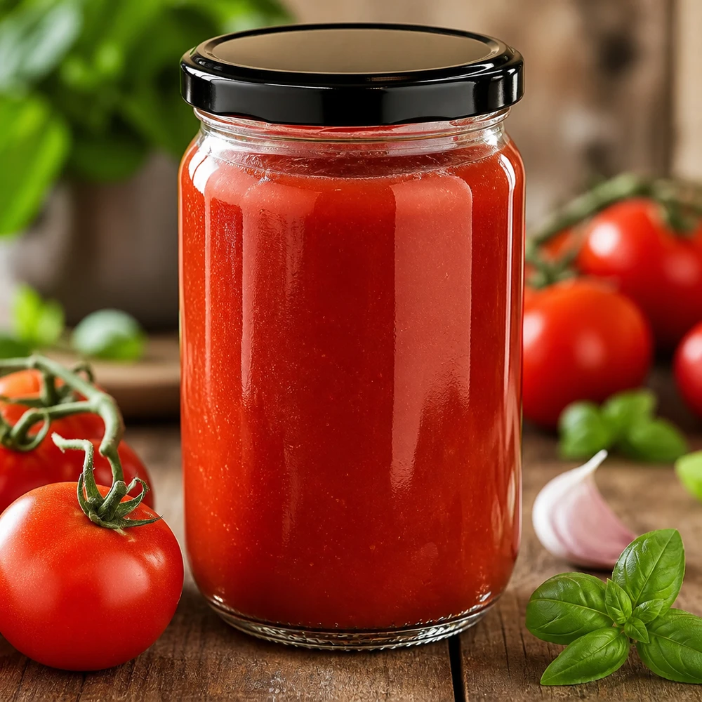 555 ml rundt glas + BasicSeal-låg, sort, UNiTWIST 555 ml UniTwist-glas med sort BasicSeal-låg, fyldt med rød tomatsauce