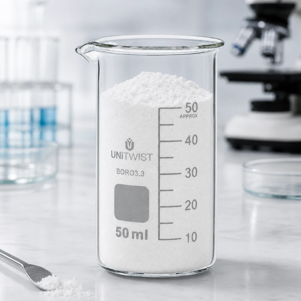 UNITWIST bægerglas, 50 ml, høj model, borosilikatglas, fyldt med hvidt pulver i laboratoriet