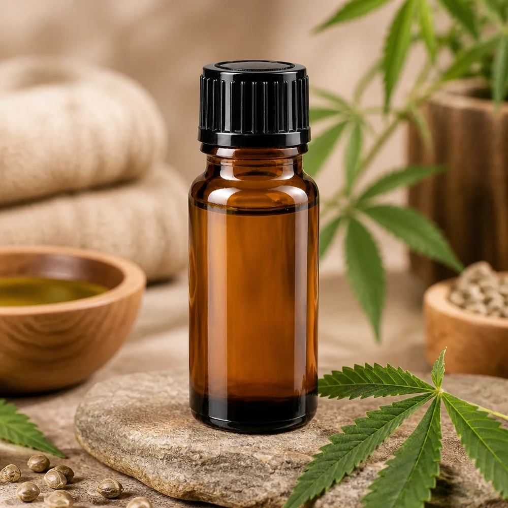 10 ml brun glasflaske med sort dråbepropp ved siden af cannabisblade og hampfrø