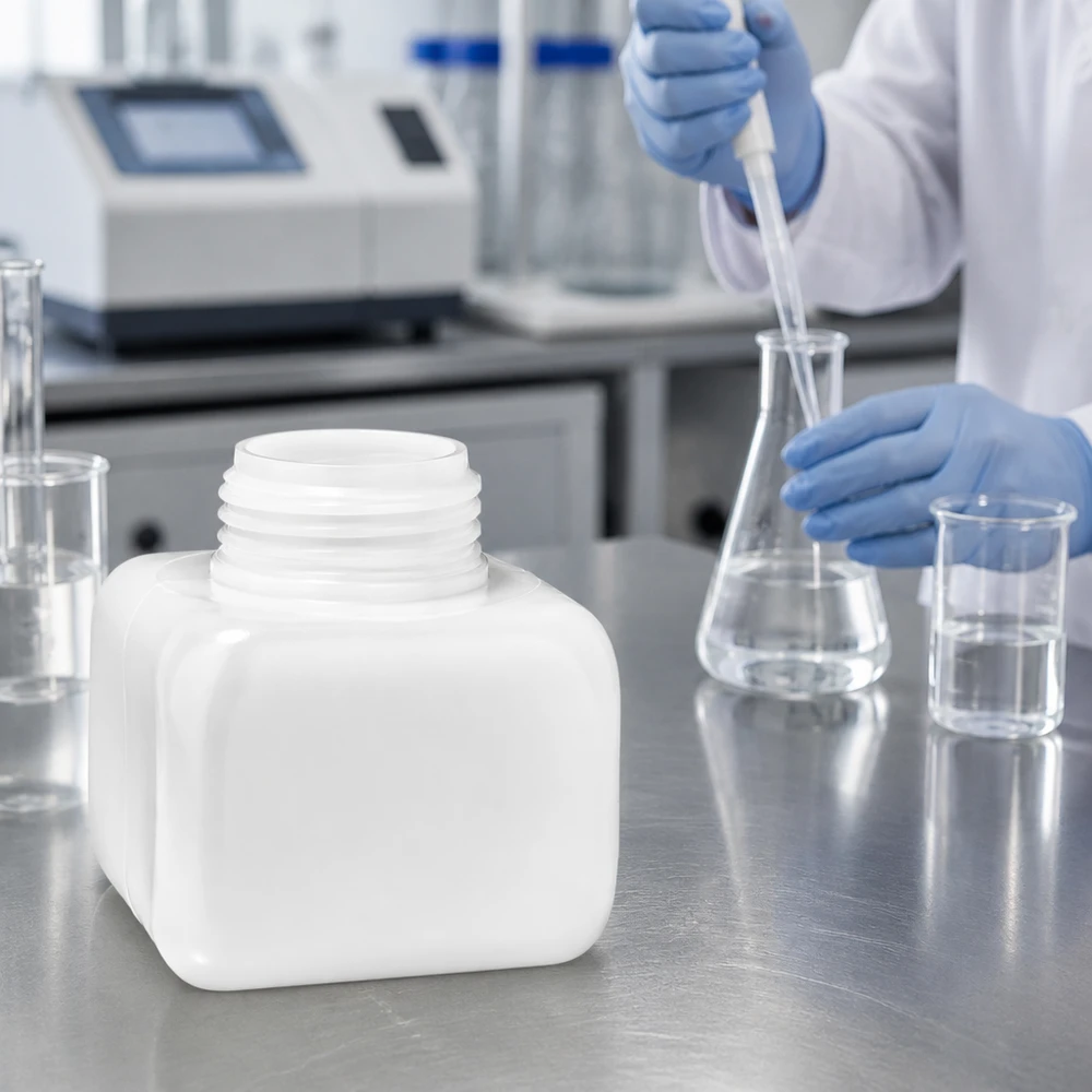 Kemikalieflaske 250 ml, bred hals fremstillet af PE-HD, naturfarve, GL 50 Kemikalieflaske 250 ml PE-HD, bredhalset, naturfarvet, laboratoriemiljø, Erlenmeyer, pipettering