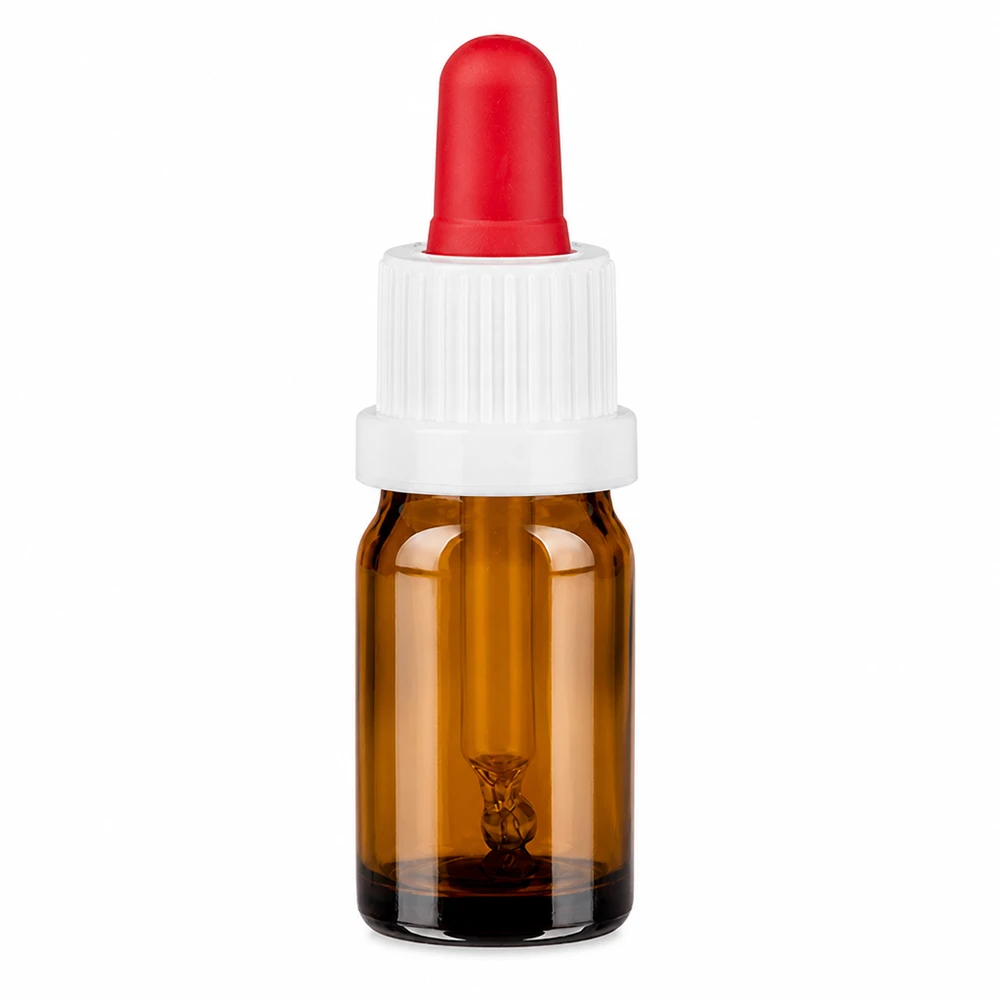5 ml pipetteflaske hvid/rød OV BrownLine UT18/5 5 ml pipetteflaske af ravfarvet glas med hvid hætte og rød pipette til præcis dosering