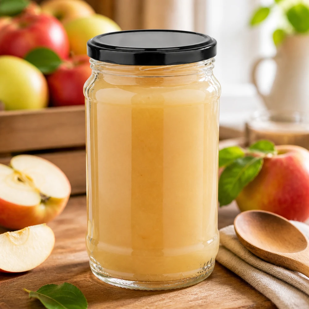 370 ml rundt glas + BasicSeal sort UNiTWIST 370 ml UNiTWIST-glas med sort BasicSeal-låg, fyldt med æblemos omgivet af friske æbler