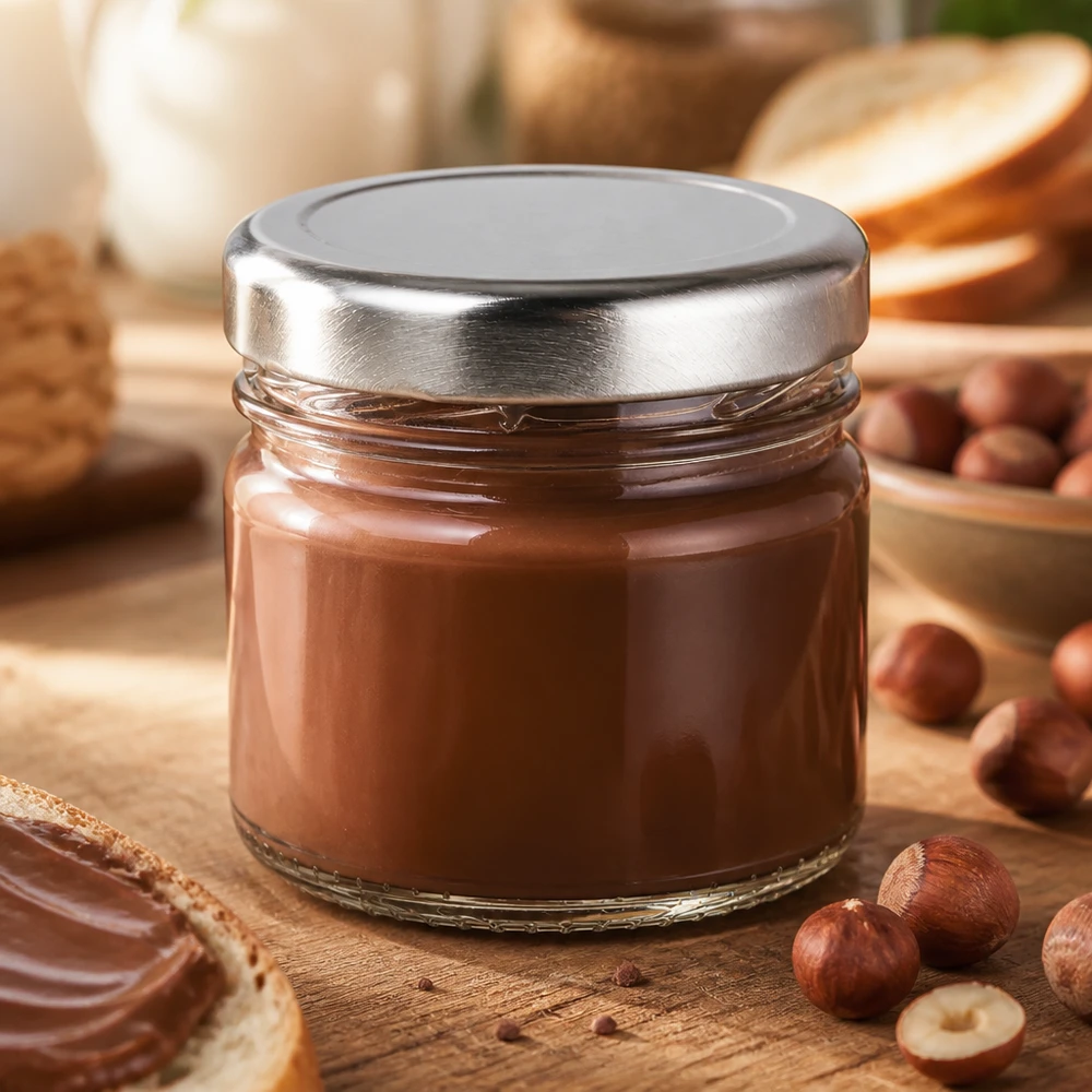 33 ml rund glasbeholder + BasicSeal-låg, sølvfarvet, UNiTWIST 33 ml rundt glas med BasicSeal-låg i sølv, fyldt med nødde-nougatcreme, på træbræt