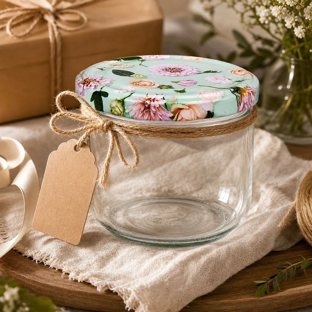 260 ml væltet glas + BasicSeal låg Blume mint UNiTWIST Dekorerede 260 ml glas med BasicSeal blomsterlåg mint, jutesnor, gavemærke på linnedklæde