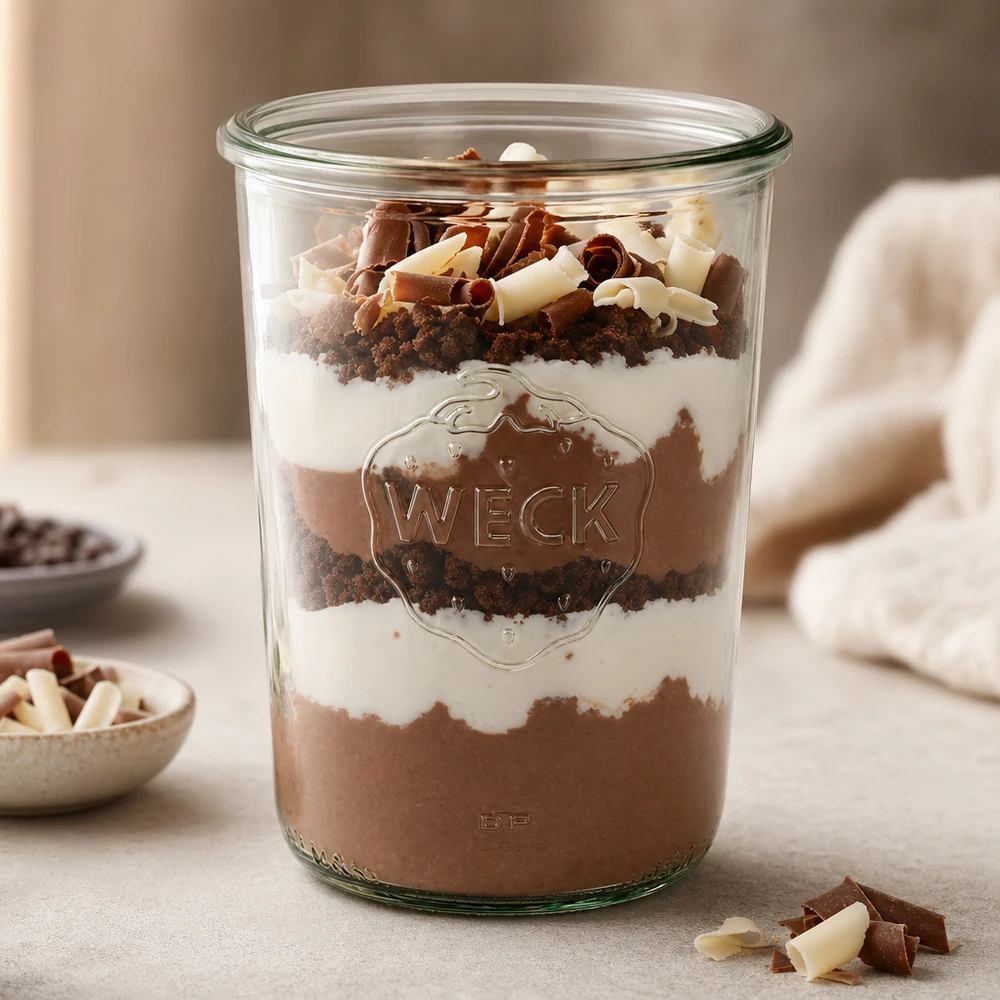 850 ml WECK RR100-bægre fyldt med en lagdelt dessert af chokolademousse, fløde og kiksekrummer