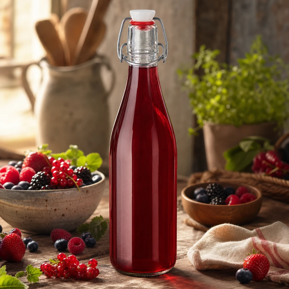 500 ml glasflaske og hængelåg i PVC UNiTWIST 500ml Glasflasche Bügelverschluss mit rotem Beerensaft gefüllt Fruchtsäfte Smoothies selbstgemacht Küchendeko