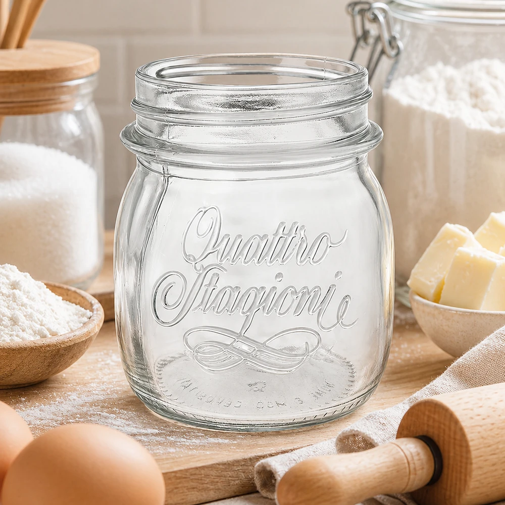 250 ml husholdningsglas "Quattro Stagioni" 250 ml Quattro Stagioni husholdningsglas med emblem på træbord med køkkenredskaber og ingredienser