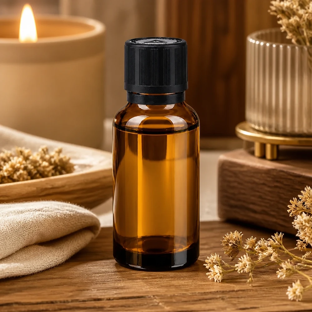 20 ml apotekerflaske af brunt glas med 1 mm dråbeindsats og sort børnesikring i wellness-stil