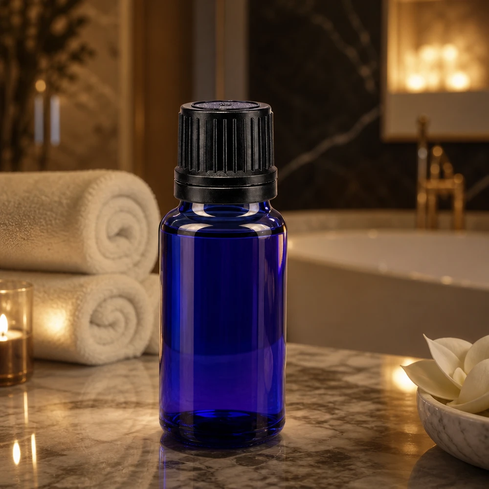 Koboltblå 20 ml glasflaske med sort børnesikret låg i spa-stil