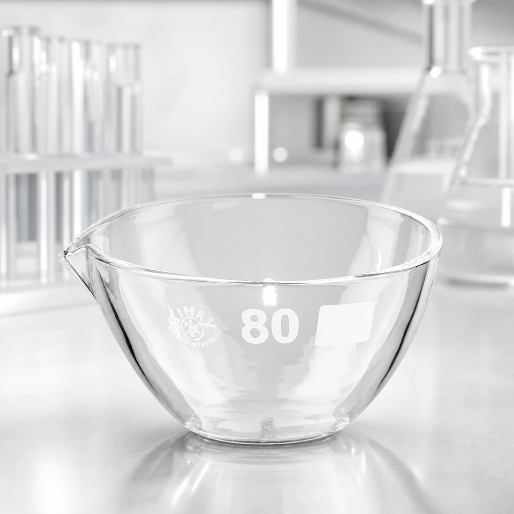 90 ml fordampningsskål med borosilikat-tud Gennemsigtig glasskål 90 ml med tud lavet af borosilikat i høj kvalitet til professionelt laboratorieudstyr