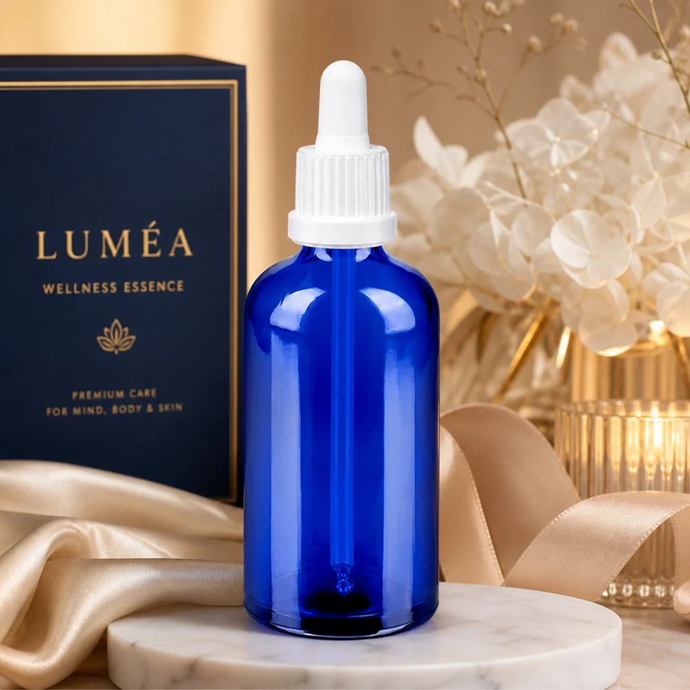 100 ml pipetteflaske hvid OV BlueLine UT18/100 Elegant blå 100 ml glasflaske med hvid pipette til serum og wellness-essenser BlueLine UT18/100
