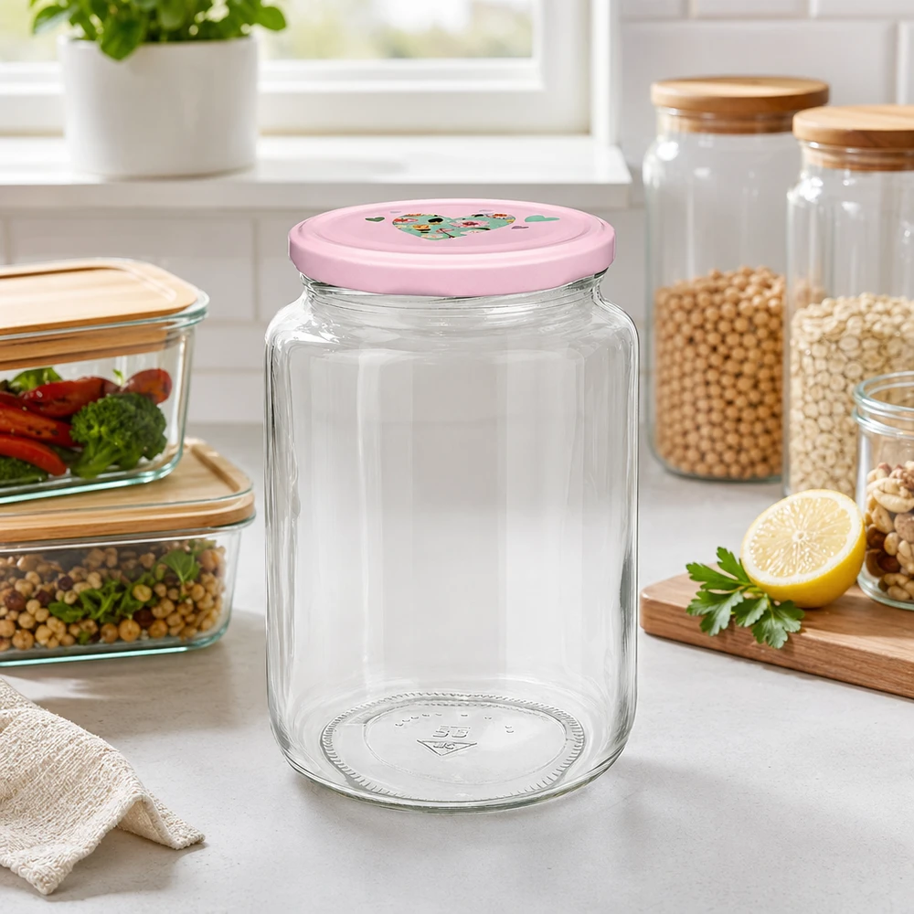 795 ml rund krukke + BasicSeal låg, lyserødt hjerte, UNiTWIST Vorratsglas 795ml in Küche mit rosa Herzdeckel für Lebensmittelaufbewahrung neben anderen Glasbehältern
