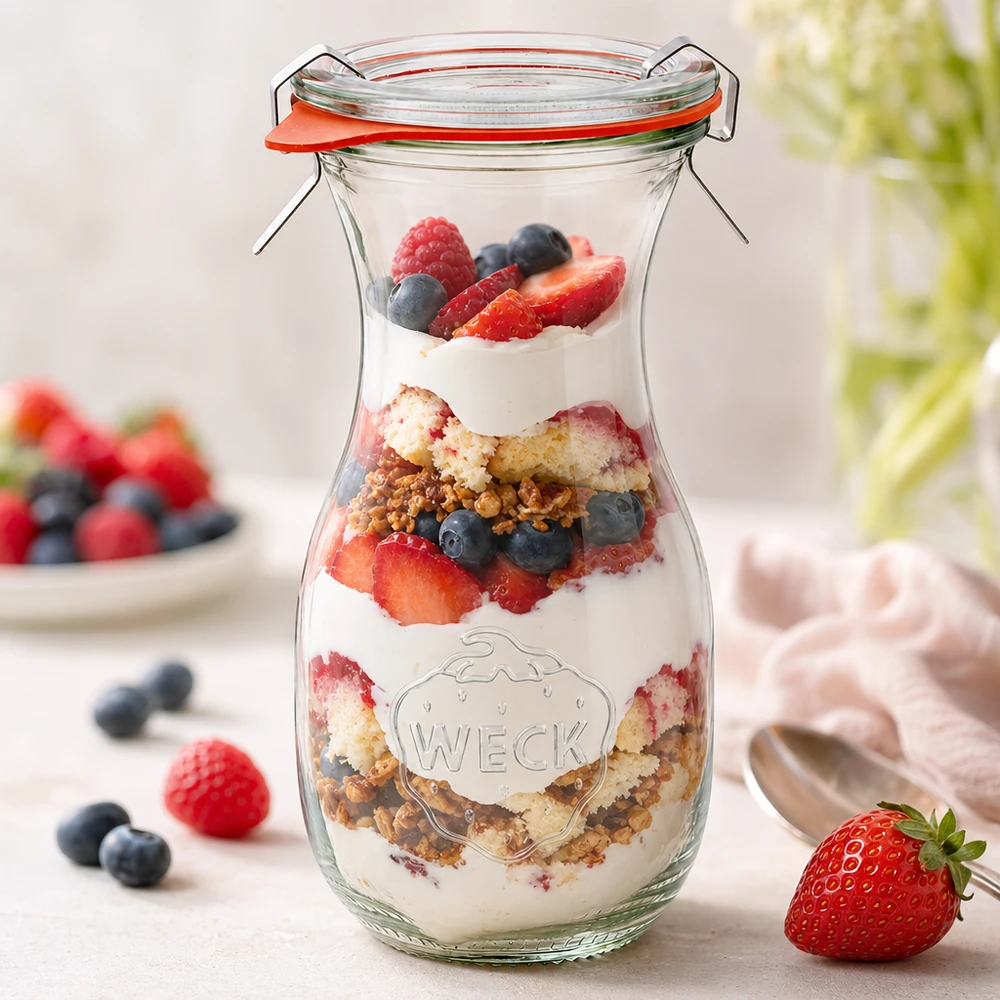 290 ml saftflaske, komplet WECK RR60 WECK juiceflaske 290 ml RR60 med lagdelt dessert af yoghurt, bær og granola som en kreativ idé til brug