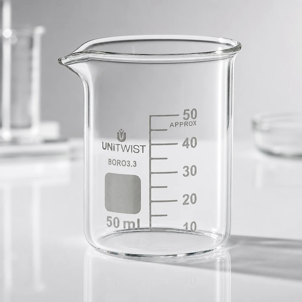 Bæger 50 ml borosilikat, lav skimmel UNiTWIST Tomt, gennemsigtigt bægerglas, 50 ml, lav form, UNiTWIST BORO 3.3, på en hvid laboratorieplade