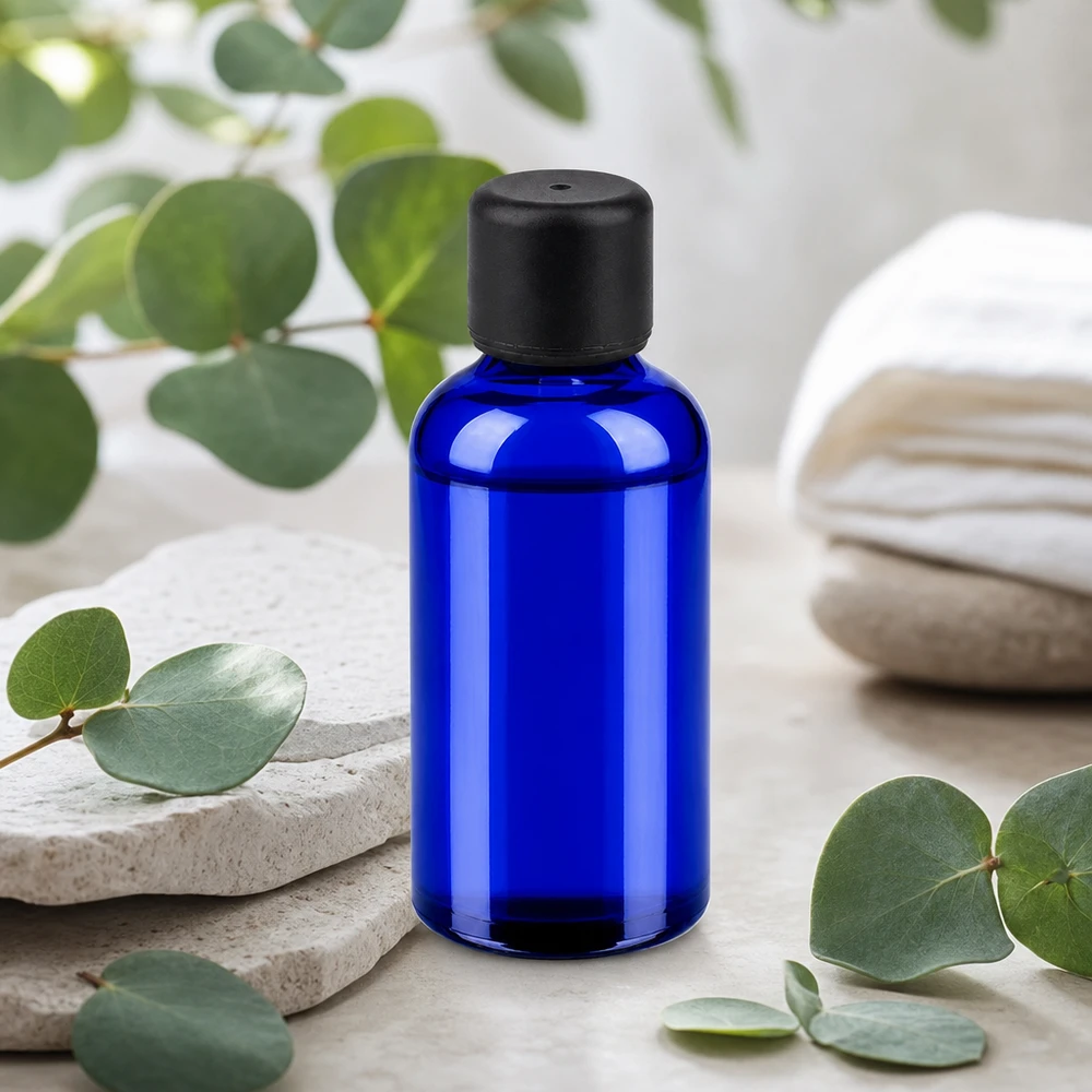 Kompakt 50 ml glasflaske i elegant blå med praktisk dråbehætte til serum og tinkturer