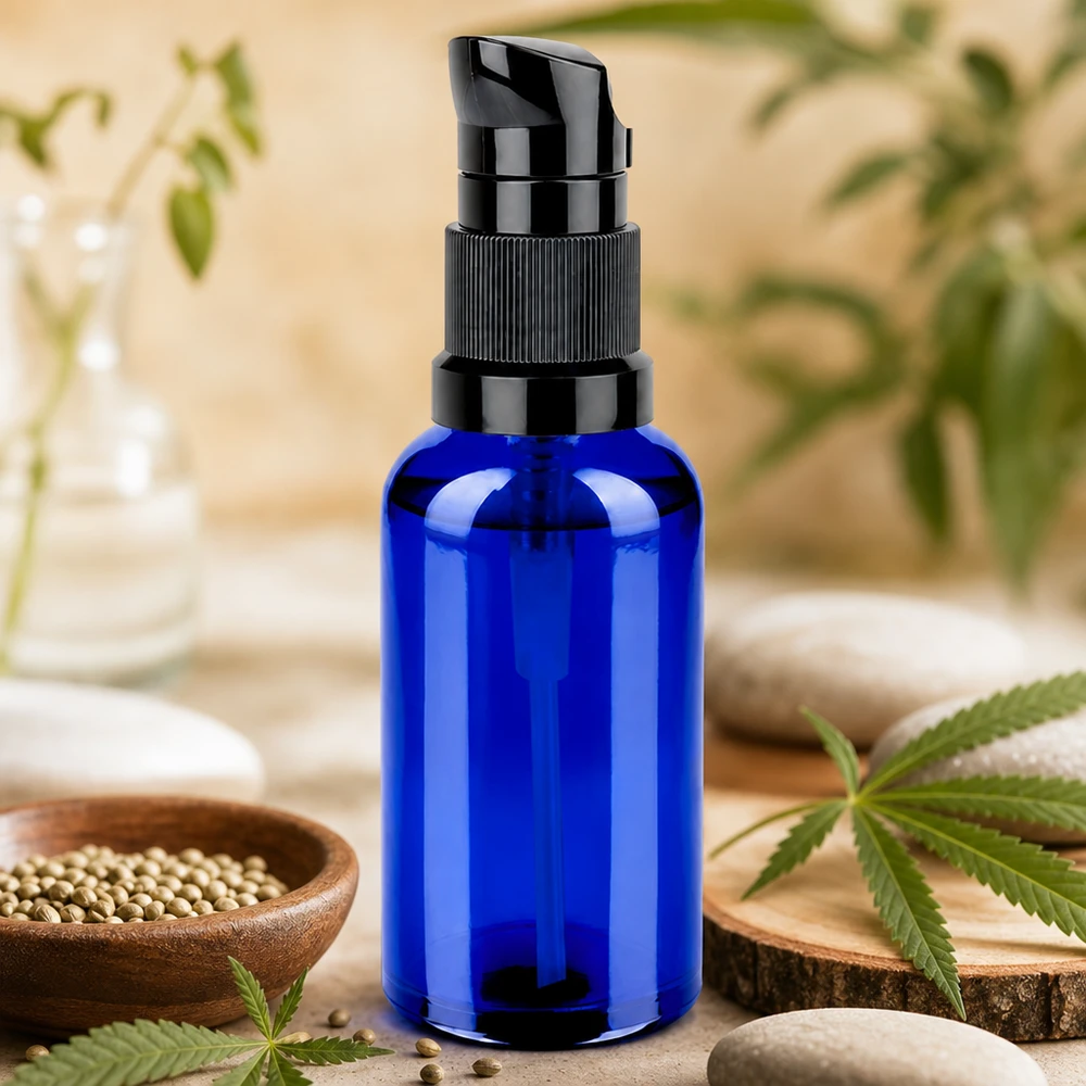 50 ml pumpeflaske sort STD BlueLine UT18/50 Højkvalitets blå pumpeflaske 50 ml med sort hætte STD BlueLine UT18/50 til naturkosmetik