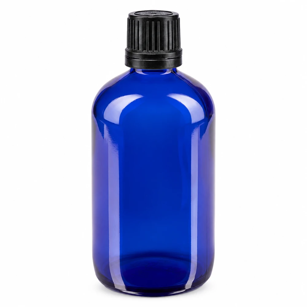 100 ml blå apotekerflaske af glas med sort originalprop, 8 mm