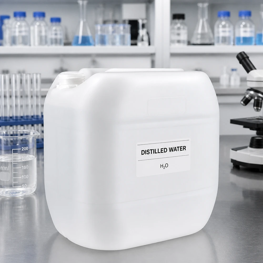 Destilleret vand i 30-liters dunk uden låg, egnet til laboratorie- og industribrug